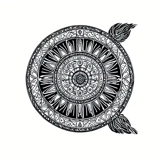 Buddhist mala beads, mountain range, dharma wheel tattoo design idea