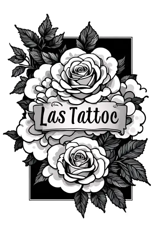 last name with clouds and roses tattoo design idea
