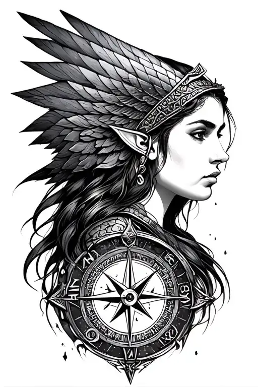 nordic compass, valkyrie warrior woman, pisces zodiac sign tattoo design idea