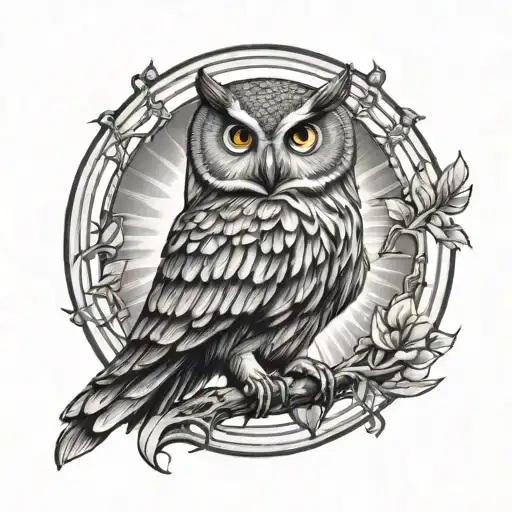 Owl with sunbeam and rectilinear shapes and surrounded by circle of life tattoo design idea