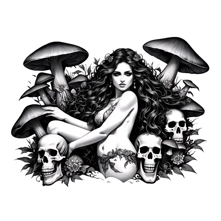 sexy pagan goddess from the chest up. surrounded by skulls and mushrooms. tattoo design idea