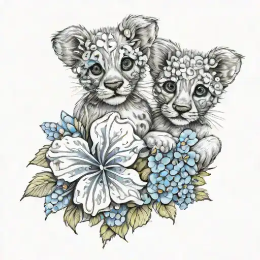 forget me not flowers, two hearts and a paw print  tattoo design idea