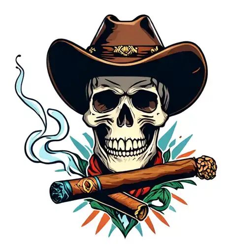 western skull smoking cigar tattoo design idea
