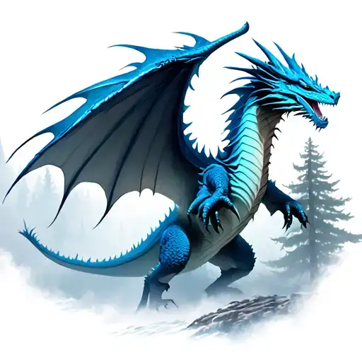 Blue ice dragon that flies above an enéged forest, surrounded by a cold mist tattoo design idea