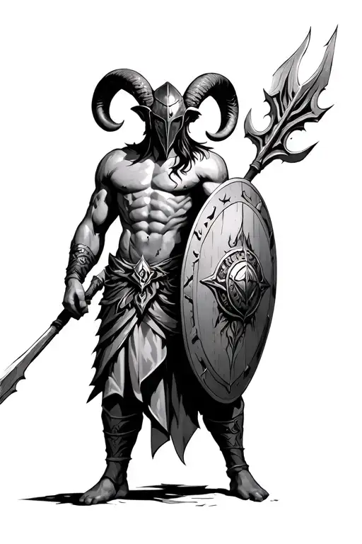 Aries god of war with his helment, spear, and shield tattoo design idea