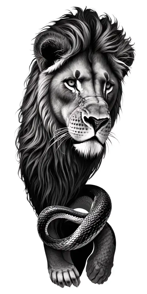 realism black tattoo design of a lion facing a snake on the arm. The lion should be facing the snake directly tattoo design idea
