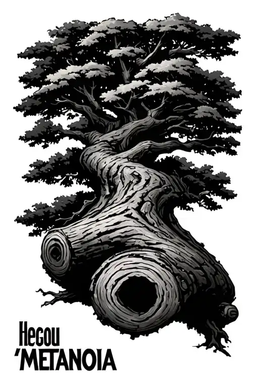 "Metanoia" with a tree but the log is the text but every letter is above one another tattoo design idea