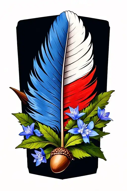 white tailed eagle feather. English oak leaves and acorns. bluebell flowers. Hong Kong flag around elbow tattoo design idea
