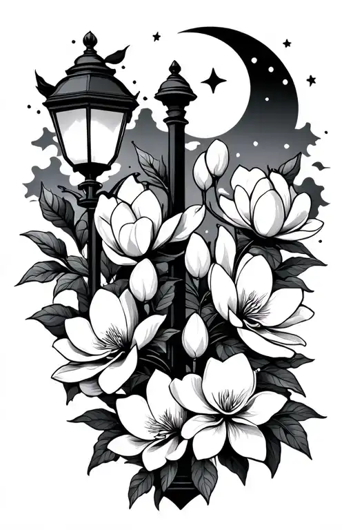 Magnolia flowers around a street lamp at night with stars and moon manly tattoo design idea