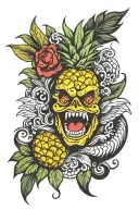 upside down pineapple with devil and angel and the numbers 69 tattoo design idea