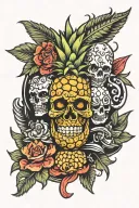 upside down pineapple with devil and angel and the numbers 69 tattoo design idea