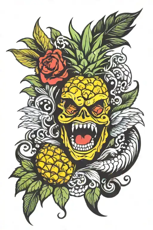 upside down pineapple with devil and angel and the numbers 69 tattoo design idea
