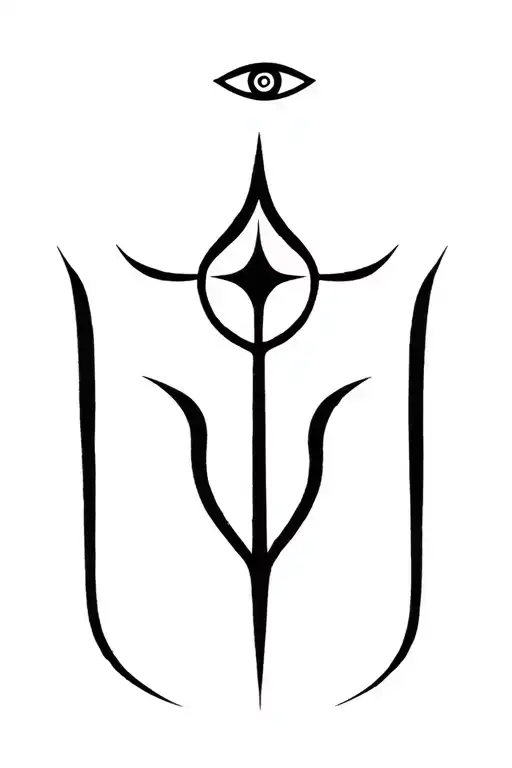 Minimalist black line tattoo design of a Trishul (Shiva’s trident) with a Third Eye symbol above, and sacred Shreem (श्र tattoo design idea
