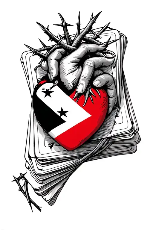 heart with thorns wrapped creation of Adam fingers and Angola flag in stack of cards tattoo design idea