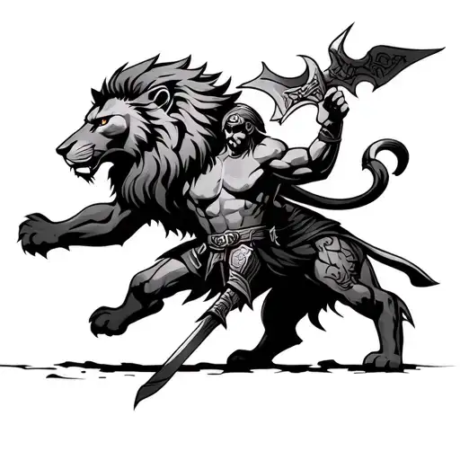lion and spartan warrior wielding tattoo design idea