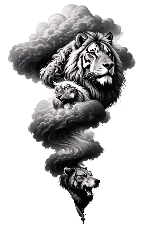 a tornado cloud in which you see he head of a lion, a tiger, a wolf and a bear tattoo design idea