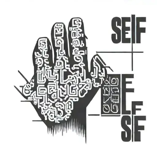 The word "self" is blocked by a hand made of code that wraps around the word "self" from the left. tattoo design idea