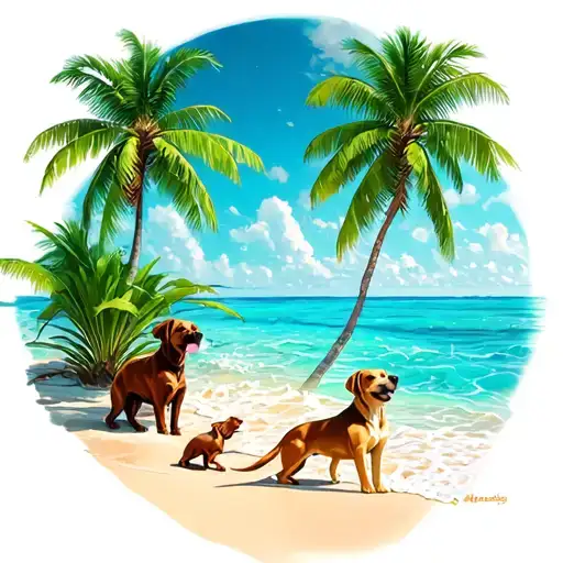 sea with coconut trees and dogs playing  tattoo design idea