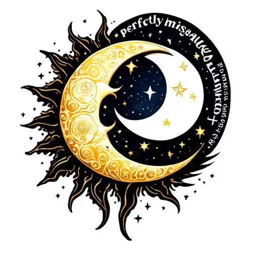 sun and moon, surrounded by stars, with quote "perfectly misaglined" tattoo design idea
