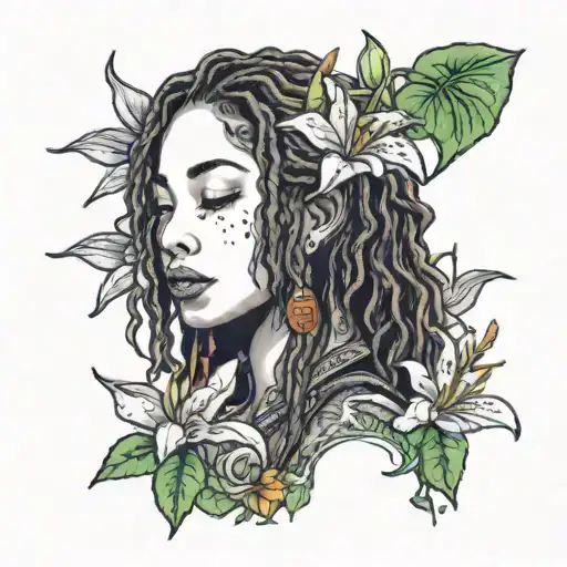 Create a tattoo design featuring a lady with locs, standing amidst Japanese lilies. She should be holding a mango, with  tattoo design idea