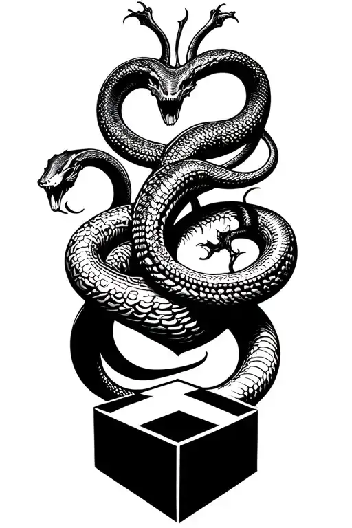 infiniti symbol made by skeletal and live snakes passing through a heart and a cube tattoo design idea