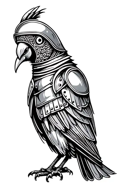 simple vintage woodcut line art design of whole budgie wearing medieval armor with helmet tattoo design idea