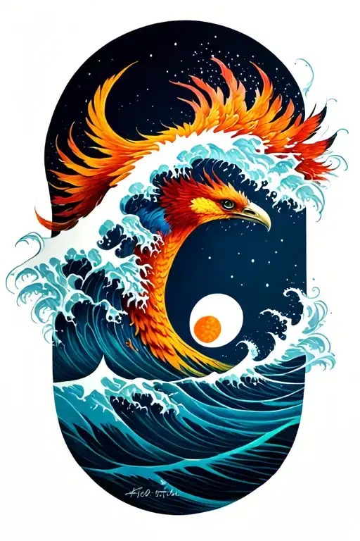 semicolon, ocean wave, phoenix tattoo design idea