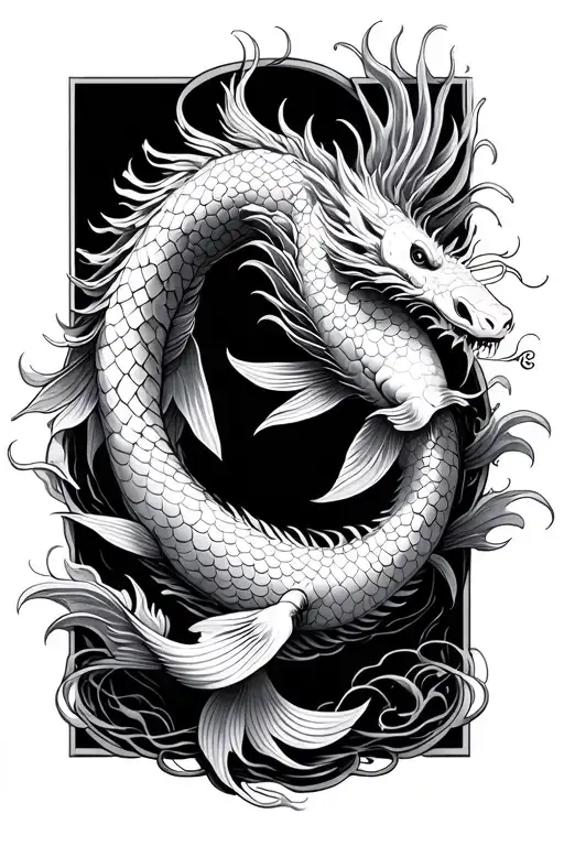 japanese themes with dragon koi fish, temple black tattoo design idea