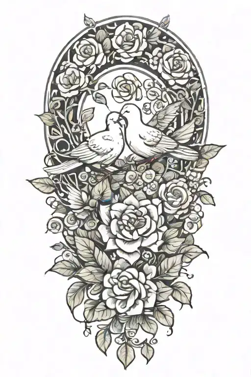 a wreath of small roses and a dove perched tattoo design idea