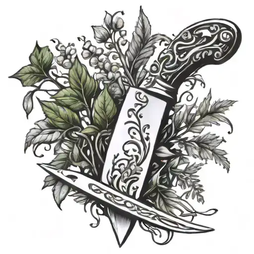 A chef's knife and fork intertwined with a vine of herbs, symbolizing a love for cooking and nature tattoo design idea