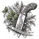 A chef's knife and fork intertwined with a vine of herbs, symbolizing a love for cooking and nature tattoo design idea
