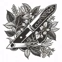 A chef's knife and fork intertwined with a vine of herbs, symbolizing a love for cooking and nature tattoo design idea