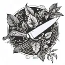 A chef's knife and fork intertwined with a vine of herbs, symbolizing a love for cooking and nature tattoo design idea