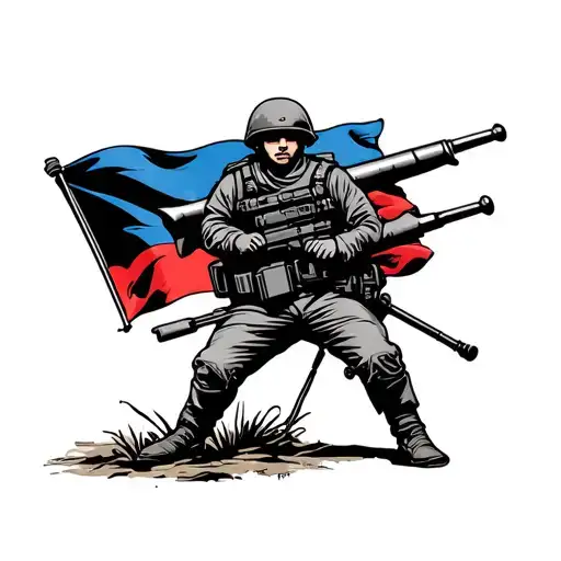 Russian Air Defense flag with a full-length Russian anti-aircraft gunner tattoo design idea