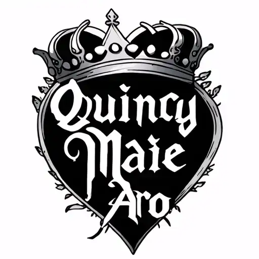 "Quincy Mae Aro" text with crown and heart shape tattoo design idea