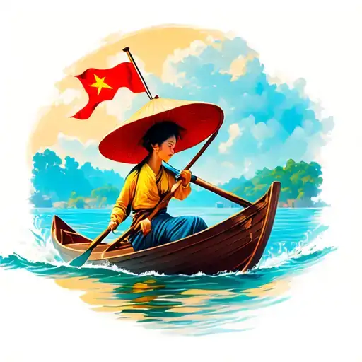 Boatman in a Vietnamese hat with a Vietnamese flag on her hat, rowing on a boat tattoo design idea