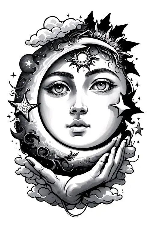 sun and moon faces, surrounded with some clouds and four arm stars, with a slightly fairytale flair look tattoo design idea