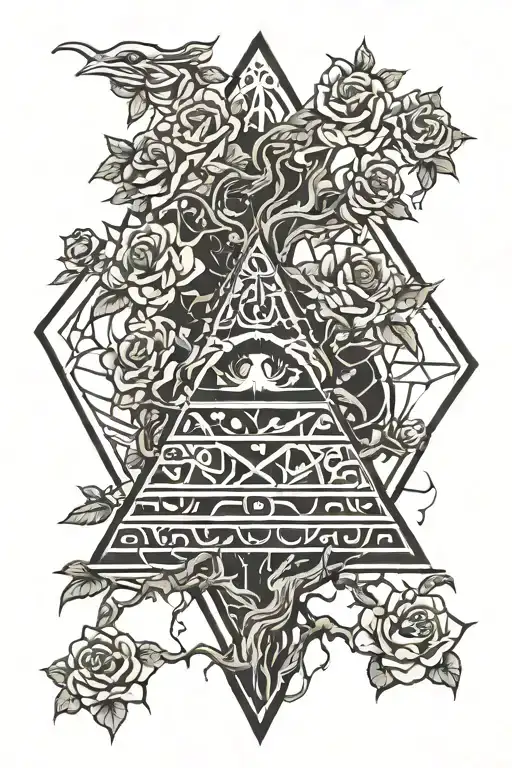 tree of life intertwined pyramid with eye and dragon  roses tattoo design idea