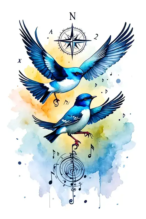 three birds, music notes, compass  tattoo design idea