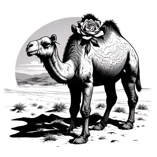 camel walking in the desert with no background and a desert rose on his skin tattoo design idea