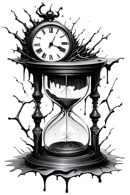 A surreal black and white tattoo design featuring a cracked hourglass, with a melting clock at the top tattoo design idea