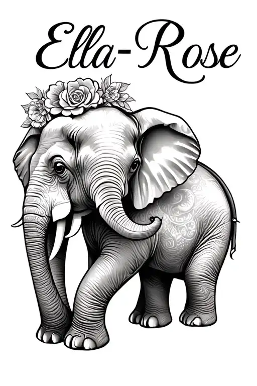elephant and baby girl name Ella-Rose tattoo design idea