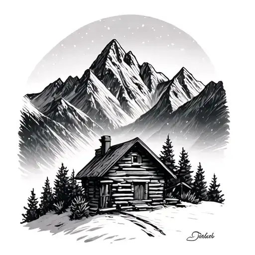 A DRAWING OF A CABIN IN THE MOUNTAINS tattoo design idea