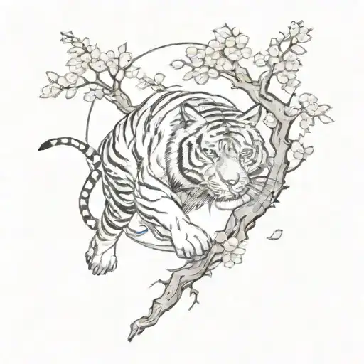 tiger walking cherry blossom tree branch moon surrounded tattoo design idea