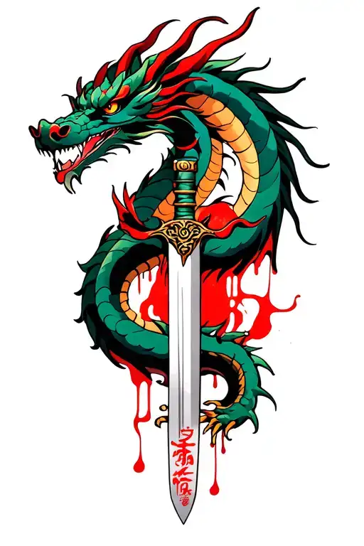 Dragon wrapped around sword and bleeding everywhere it touches tattoo design idea