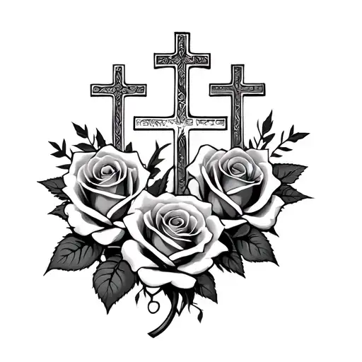 psalm 23:4 with multiple roses and 3 slim crosses in back ground tattoo design idea