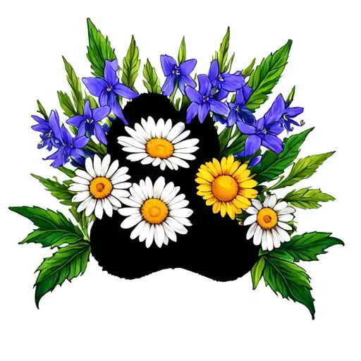 paw print, daisies, larkspur flower tattoo design idea