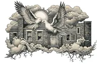 Dove, Broken heart, Clouds, Bricks tattoo design idea