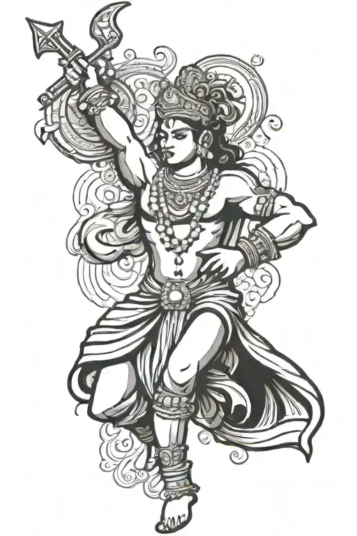 simple 4*3 inch tattoo of muscular lord krishna. he should be muscular and in battle pose tattoo design idea