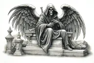 grim reaper sitting on a tombstone with Wings  tattoo design idea